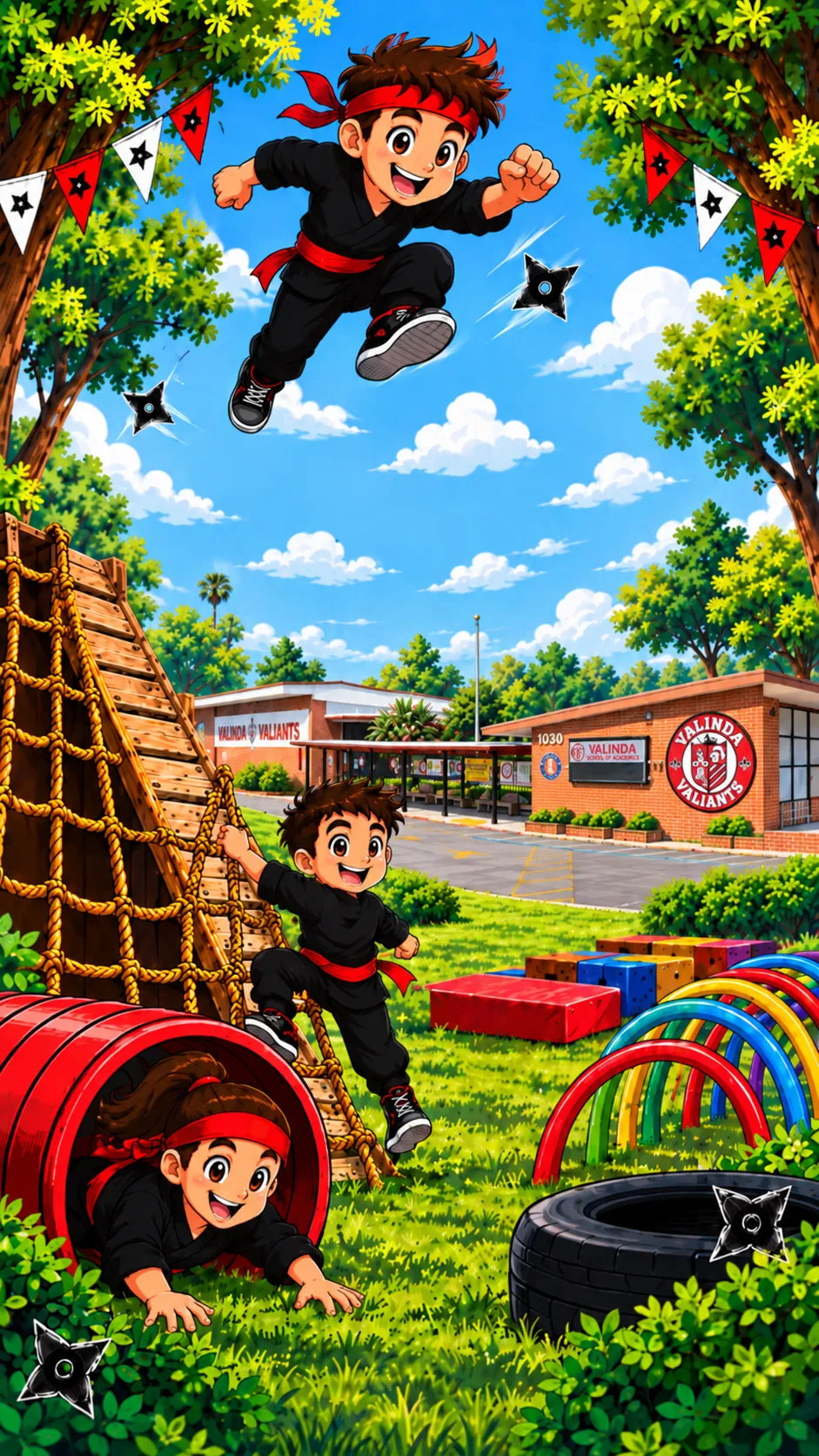 Cartoon ninja kids on an obstacle course outside Valinda School of Academics — one leaping mid-air in a red headband, one climbing a rope ladder, one crawling out of a red tunnel, with rainbow rings and stacked crates on the grass