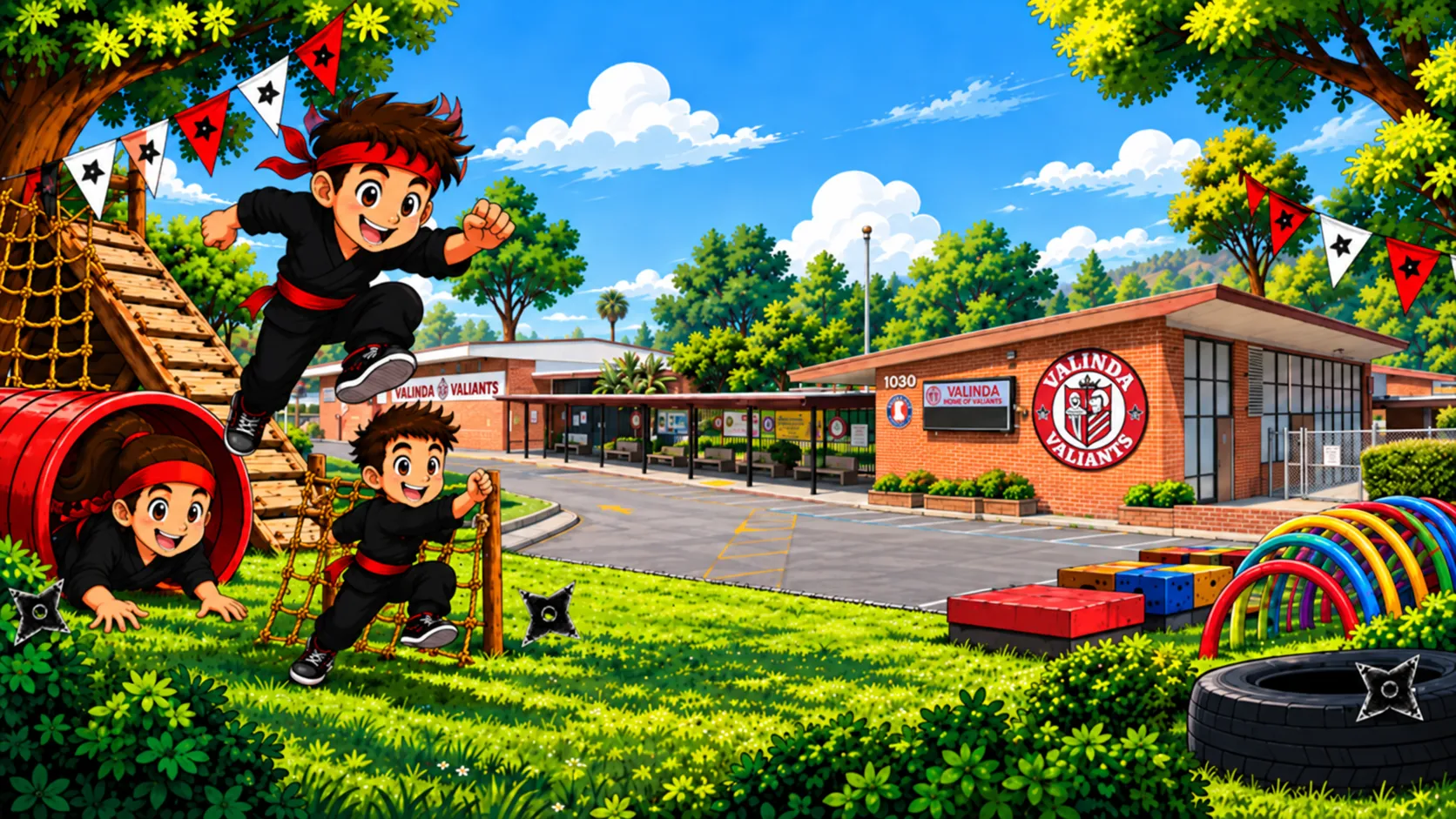 Cartoon ninja kids on an obstacle course outside Valinda School of Academics — one leaping mid-air in a red headband, one climbing a rope ladder, one crawling out of a red tunnel, with rainbow rings and stacked crates on the grass